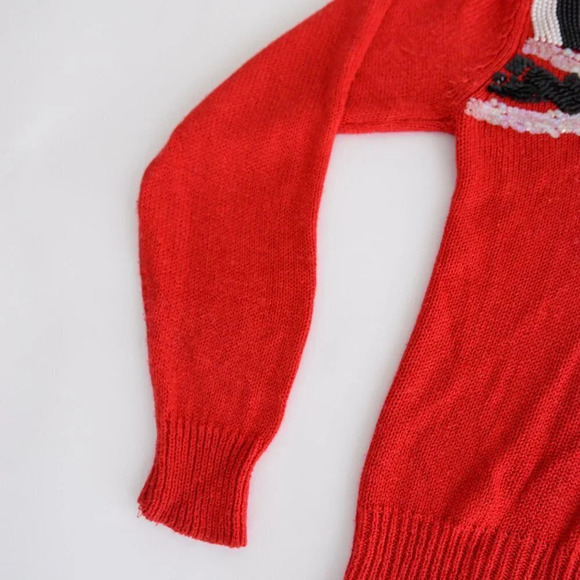 Vintage L.L. European Red with Black & White Beaded V-neck Knit Sweater Size 38 - Picture 8 of 12